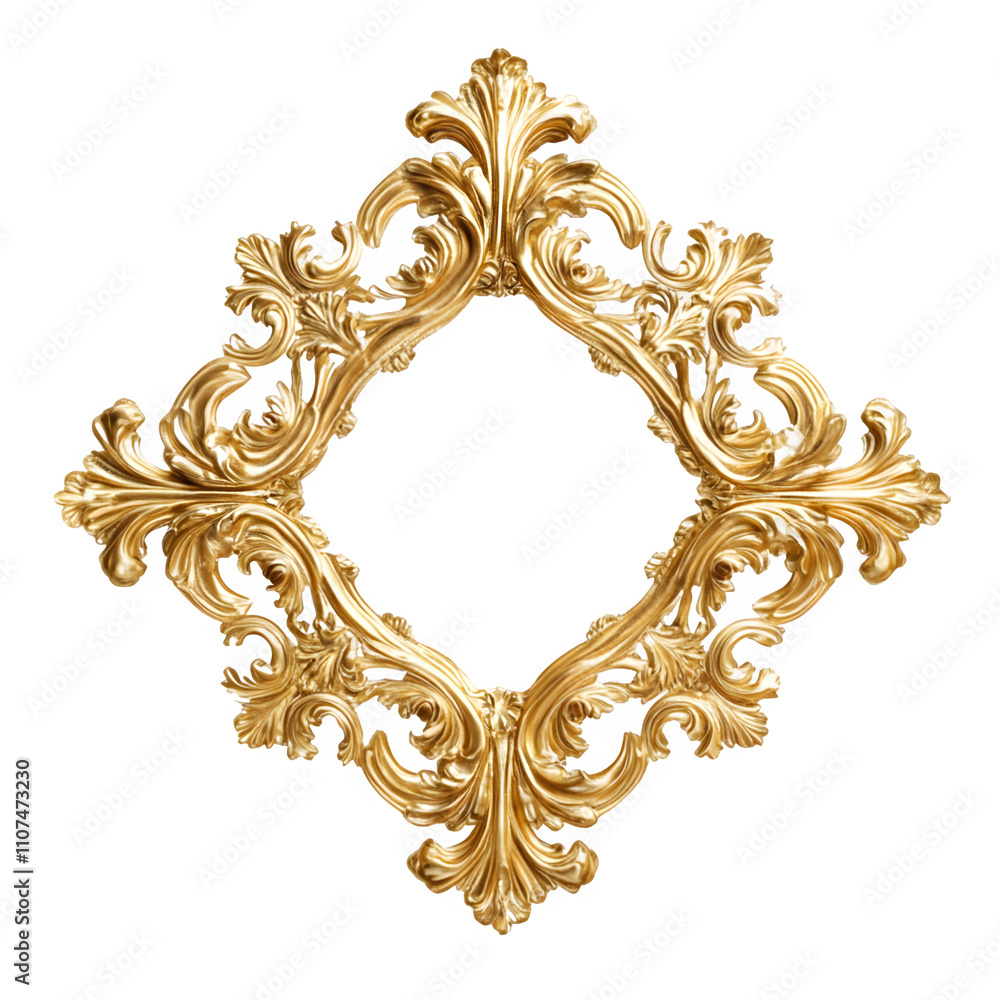Poster elegant and luxurious rococo diamond-shaped frame with a golden ornate design and transparent backgr