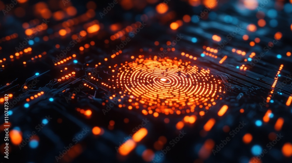 Poster a glowing orange fingerprint icon embedded in a futuristic circuit board.