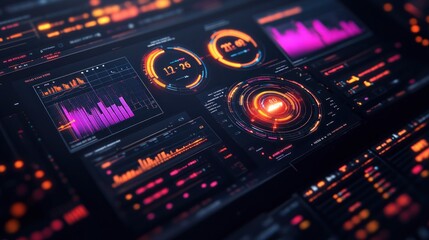 Obraz premium Futuristic digital interface with data graphs and glowing elements.
