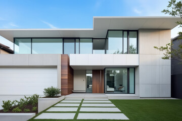 Modern Minimalist Facade-a house with a lawn and grass