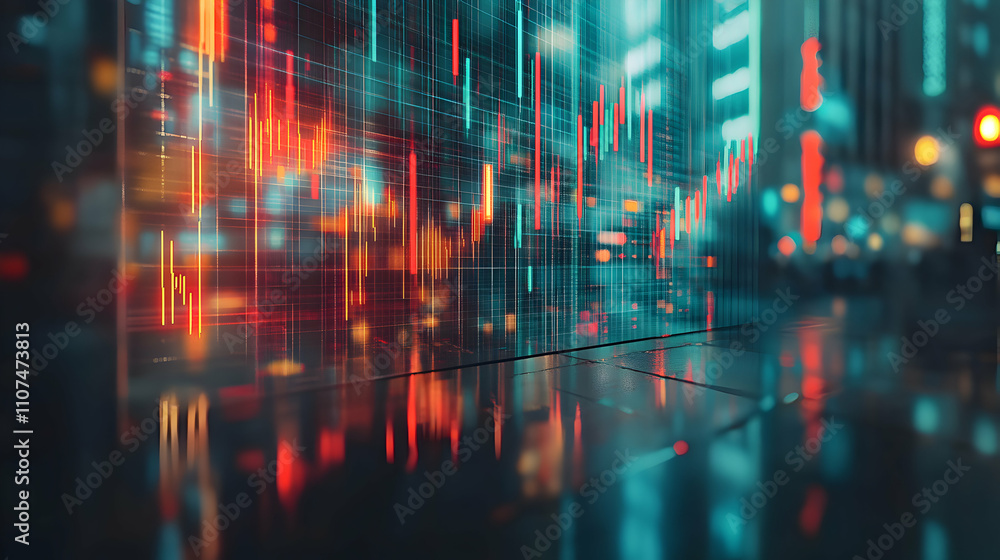 Poster abstract cityscape background, neon grid data visualization with dynamic stock market charts reflect