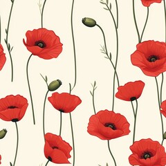 Fototapeta premium Vibrant red poppy floral pattern on a soft cream background perfect for fabric and design