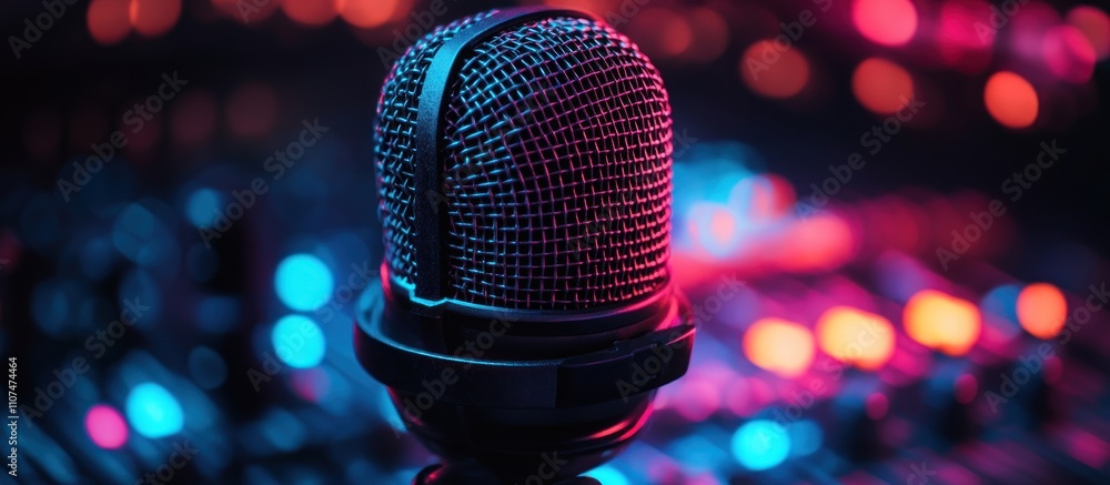Aufkleber close-up of a microphone in a recording studio with colorful bokeh lights in the background.