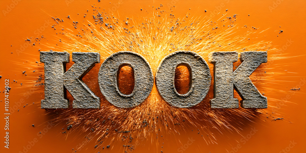 Poster abstract textural image, 'kook' explodes with sparks on orange background