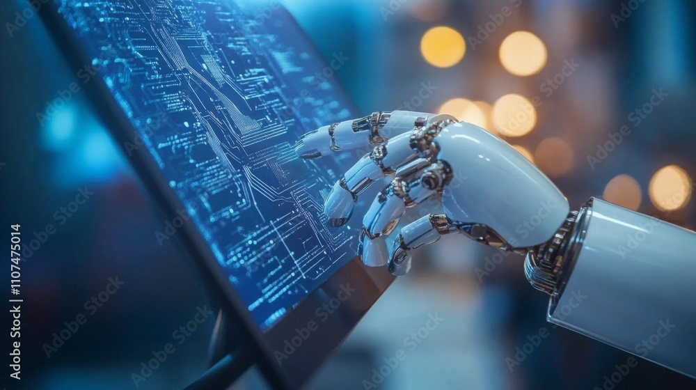 Aufkleber A robotic hand interacts with a digital screen displaying intricate circuits and data patterns.
