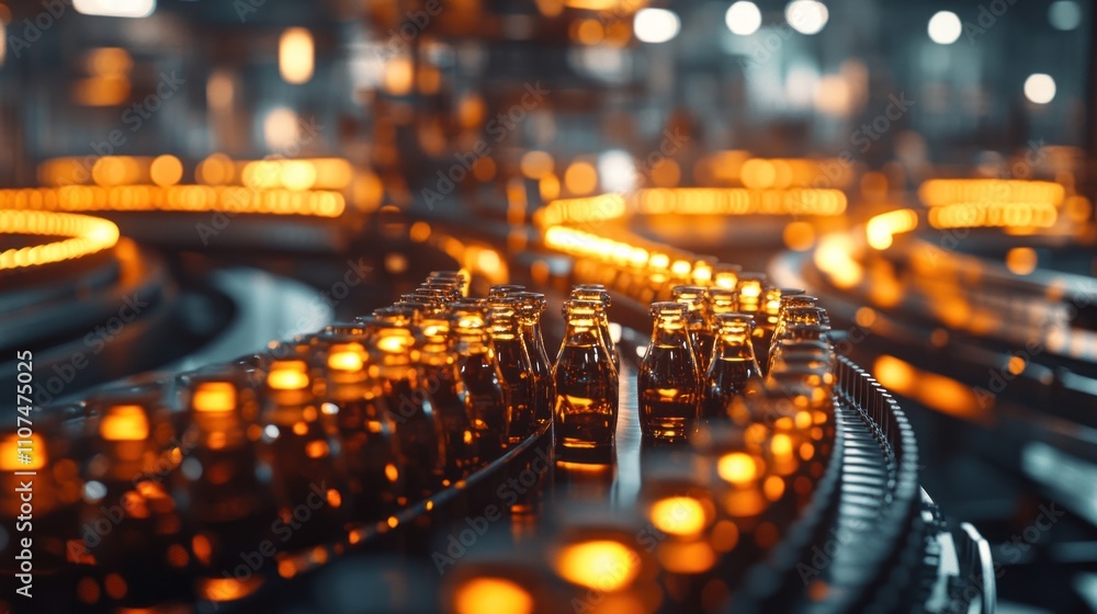 Poster close-up of glass bottles moving on a production line in a factory.