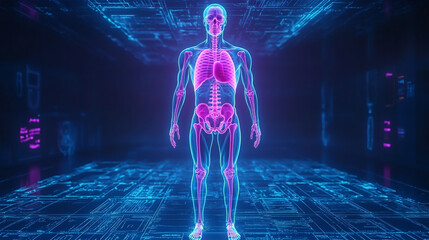 Surreal virtual X-ray of human full body parts with transparency of bone with blue and pink light hologram. Medical science and technology concept. Generative AI.