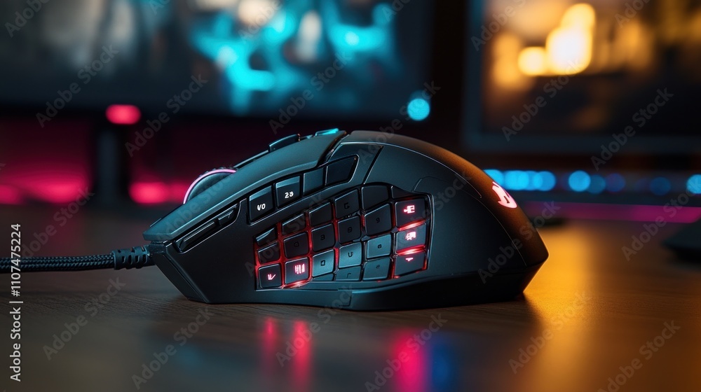 Poster close-up of a gaming mouse with extra buttons, illuminated by rgb lighting on a desk.