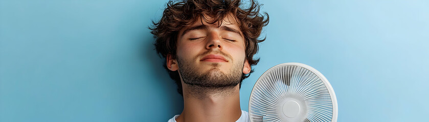 Obraz premium Man Relaxes with Fan on Blue Background, Summer Heat Relief, Cooling Breeze, Comfort and Relaxation