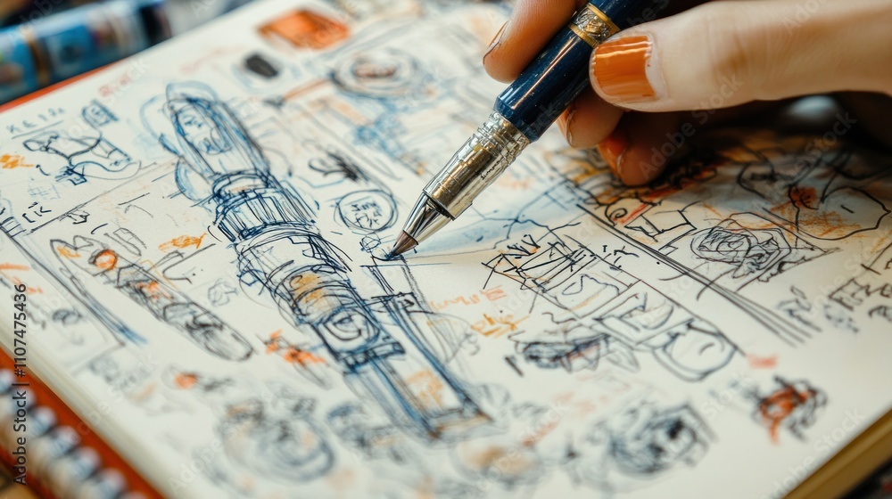 Poster close-up of hand sketching design ideas in notebook with pen.