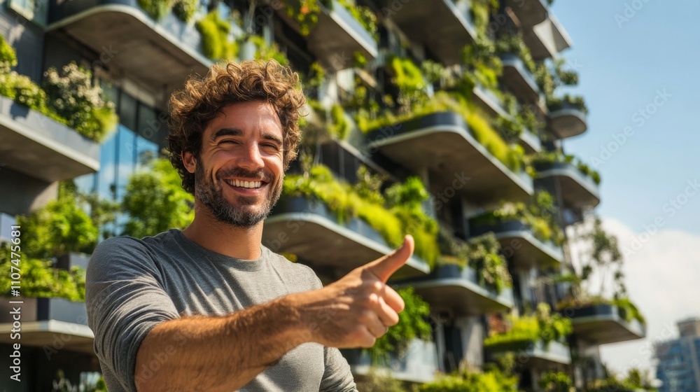 Poster a man stands smiling with a thumbs up gesture in front of a contemporary apartment building adorned 