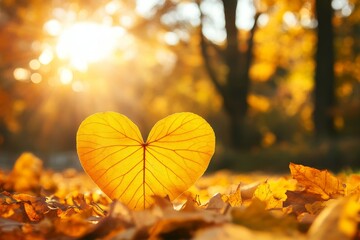 Obraz premium Vibrant Autumn Leaf Shaped as Heart Symbol with Sunlight Filtering Through Trees in the Background on a Tranquil Fall Day in Nature