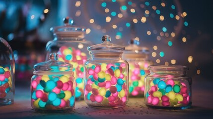 Fototapeta premium Colorful candies in glass jars on table