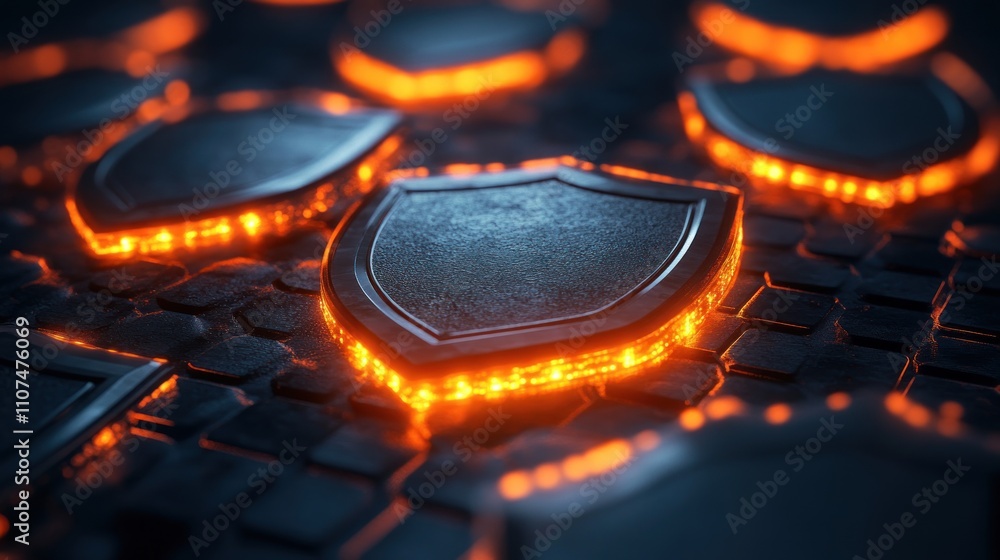 Aufkleber here's a and keyword list for your stock photo.. glowing metal shields on dark tech surface.