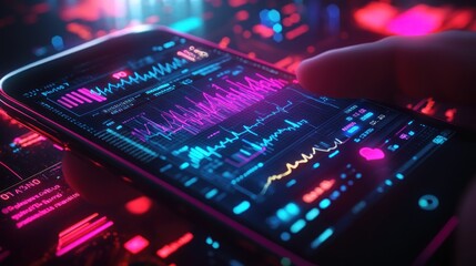 Closeup of a hand holding a smartphone displaying financial data charts and graphs.