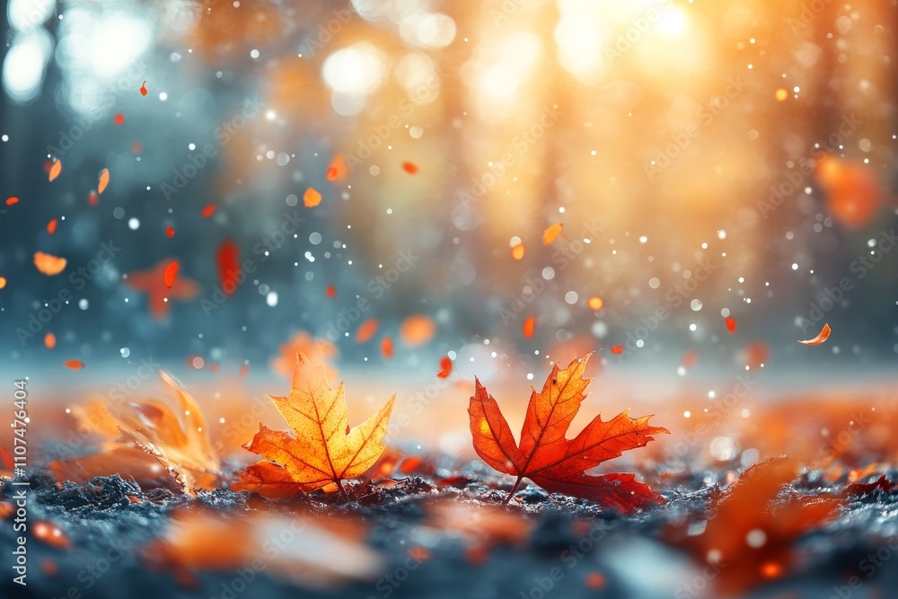 Poster vibrant autumn leaves on ground with glowing background and floating particles in magical forest set