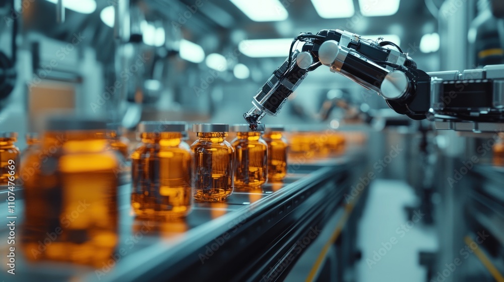 Poster robotic arm inspecting bottles on a factory production line.