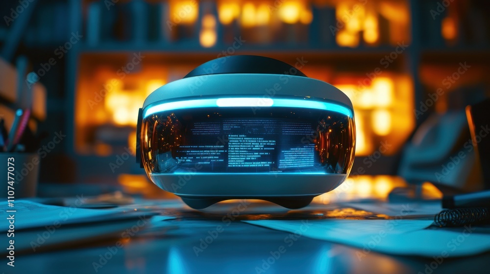 Poster futuristic vr headset displaying code on a desk at night.