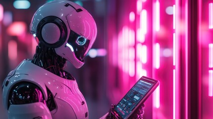 Fototapeta premium Futuristic robot using a tablet in a neon-lit city.