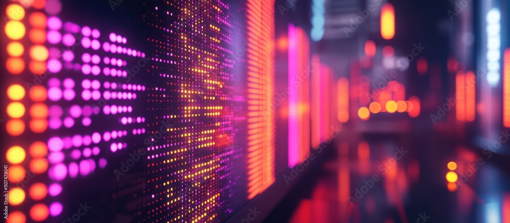 Poster abstract futuristic glowing pink and yellow digital data patterns.