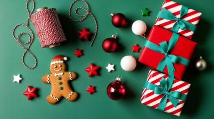 Naklejka premium Christmas Flat Lay: Gifts, Gingerbread Man, Ornaments, and Festive Decor