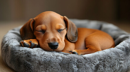Adorable red dachshund puppy sleeping peacefully in a cozy gray pet bed.