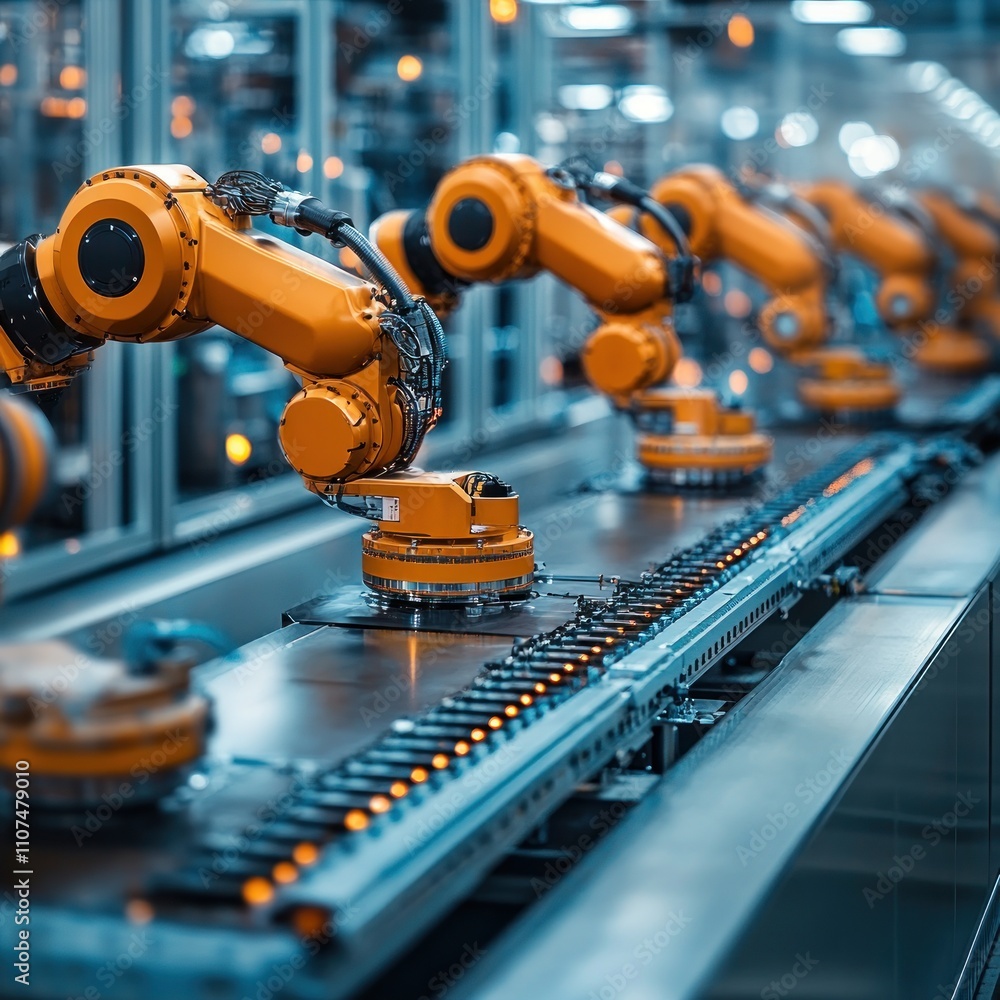 Poster automated robotic arms on an assembly line in a modern factory.
