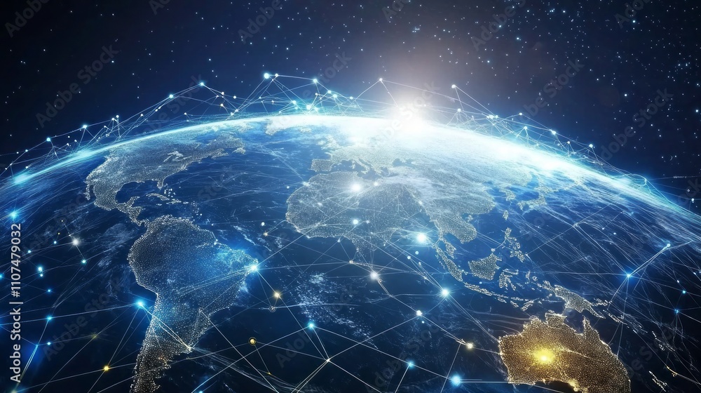 Poster futuristic 3d world globe showcasing data exchange and global network connections with advanced tech