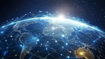 Futuristic 3d world globe showcasing data exchange and global network connections with advanced technology elements highlighting planet earth in a digital web, ideal for high-tech visuals and communic