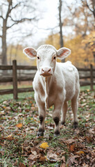 Obraz premium Adorable white calf standing in autumn leaves.
