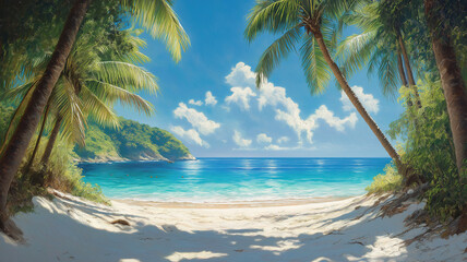 Tropical beach with coconut palm trees and clear blue waters on Koh Tao, Thailand