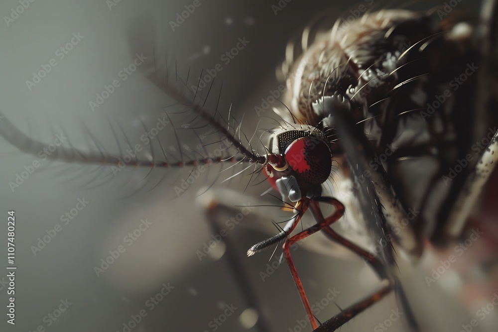 Poster a close-up image of a mosquito showing intricate details of its features, highlighting its wings and