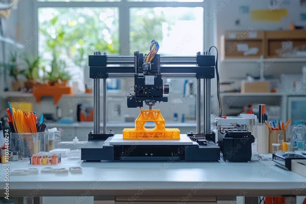 Aufkleber 3d printer creating orange plastic object on white table in bright lab.