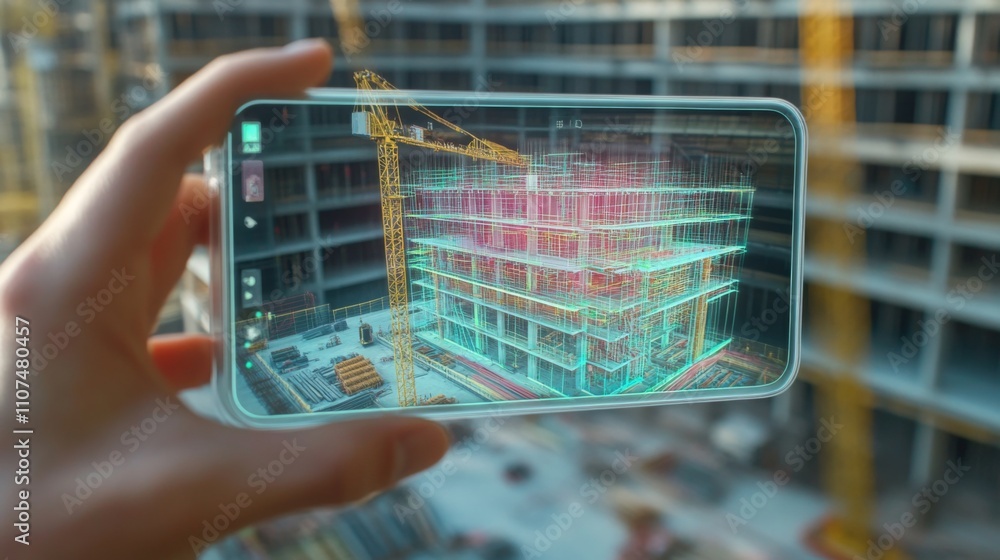 Poster a person uses a smartphone to visualize an architectural model with augmented reality at a busy cons