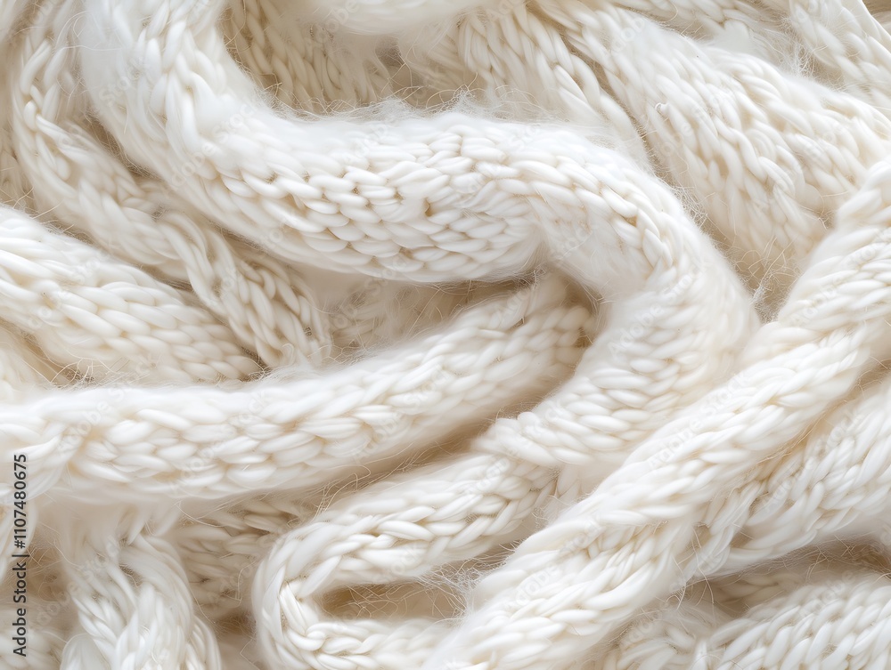 Poster a close-up view of soft, white knitted fabric with intricate patterns, showcasing its cozy texture a