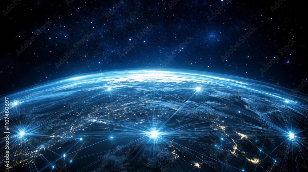 Poster futuristic 3d world globe showcasing data exchange and global network connections with advanced tech