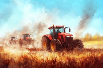 Obraz premium Vibrant Red Tractors Working Together on a Dusty Agricultural Landscape Under a Clear Blue Sky with Soft Cloud Cover