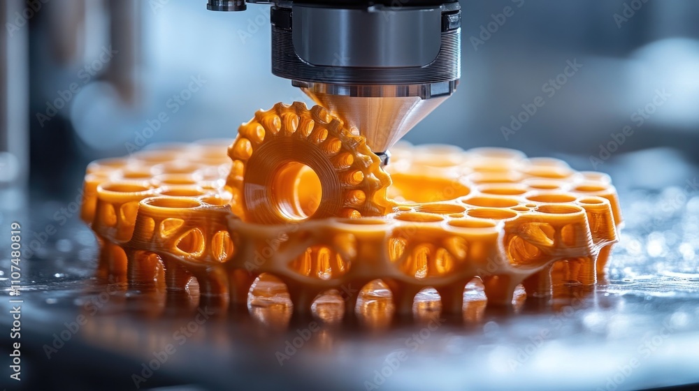 Poster close-up of 3d printer head creating intricate orange plastic lattice structure.