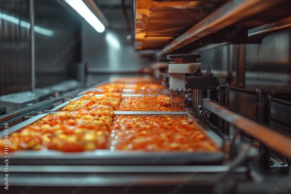 Poster automated food processing line with trays of diced tomatoes moving on conveyor belt.