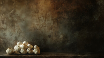 Rustic garlic cloves, organic texture with earthy tones, soft diffused lighting