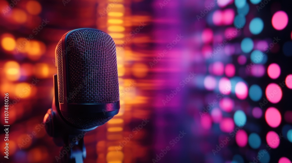 Aufkleber a close-up shot of a microphone on a stand with colorful bokeh lights in the background.