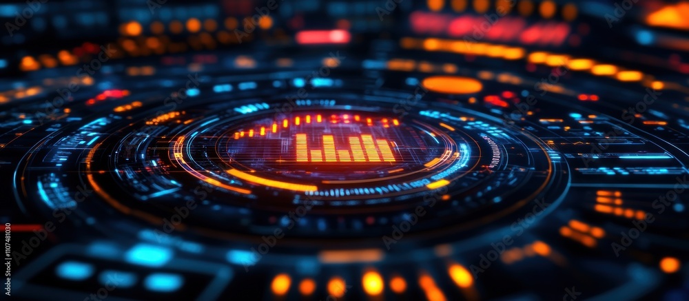 Poster futuristic interface with a bar graph in the center and a ring of lights around it.