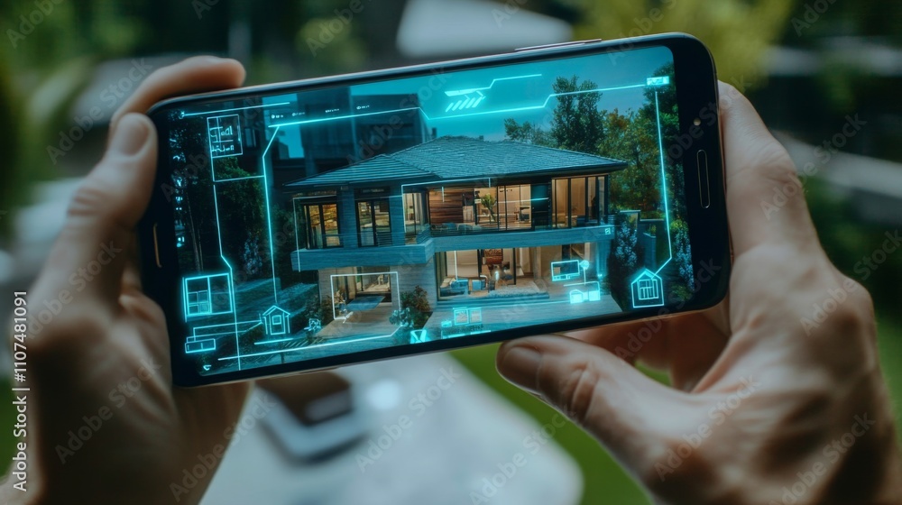 Aufkleber a person interacts with a mobile application showcasing a modern luxury home through augmented reali