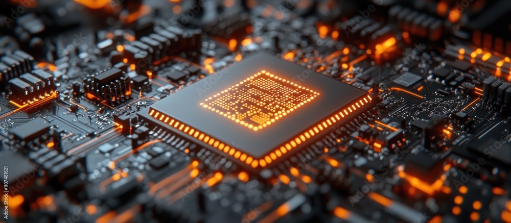 Poster close-up of a glowing computer chip on a circuit board. (1)