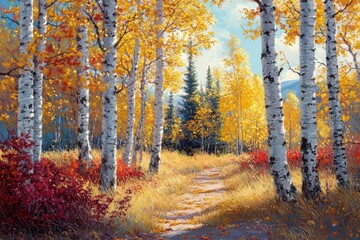 Fototapeta premium Vivid Autumn Landscape with Golden Aspens and Tranquil Pathway Through a Colorful Forest Surrounded by Bright Foliage and Evergreen Trees