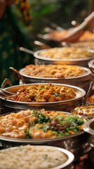 Obraz premium A buffet table with various Indian dishes, including curry, rice, and vegetables.