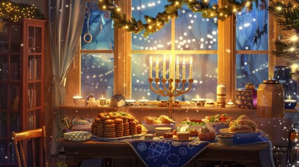Obraz premium Warm and festive Hanukkah celebration in a cozy room with delicious treats and soft lighting