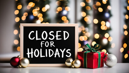 Closed for holidays sign board on a wooden table, with festive decor in background. perfect for business, retail store, office
