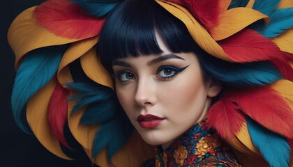 Fototapeta premium Beautiful Young Brunette Woman with a Huge Headdress of Multicolored Feathers
