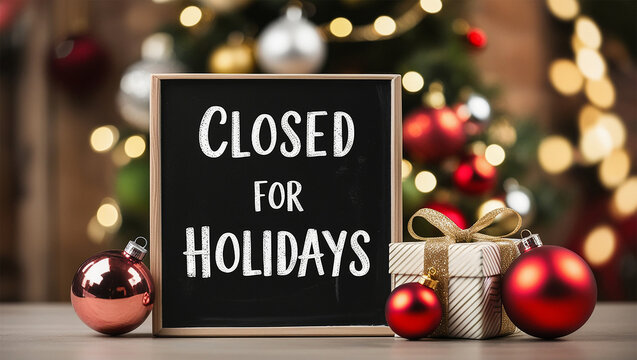 Closed for holidays sign board on a wooden table, with festive decor in background. perfect for business, retail store, office